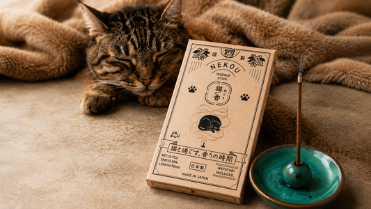 NEKOU 猫香のパッケージを、毛布の上で眠る猫のそばに置き、緑の香皿でスティックを焚いた様子